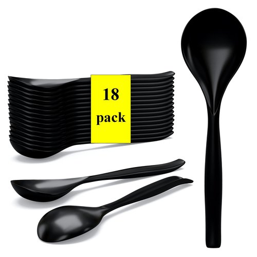 Large Plastic Serving Utensils, 10 inches, Big Heavy Weight Reusable Utensils for Party Buffet Catering, Large Serving Spoons (18, 10 inches black)