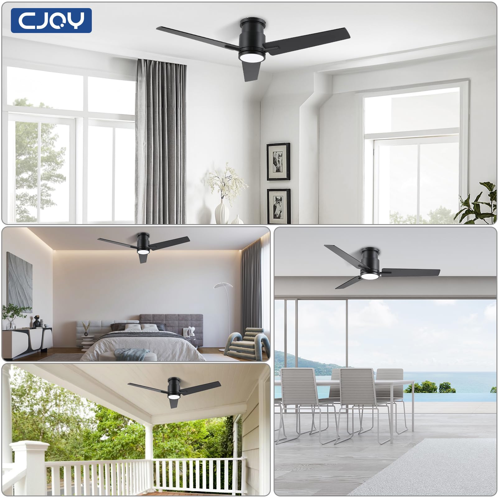 CJOY Ceiling Fan with Lights, 48 Inch Low Profile Ceiling Fans with Light and Remote, Reversible DC, Flush Mount, 3CCT，Dimmable, Modern Indoor/Outdoor Design for Bedroom, Living Room, Patio, Kitchen