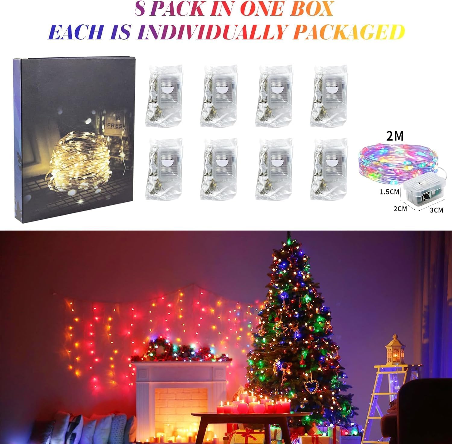 ZGWJ Fairy Lights - 8 Pack Battery Operated 7ft Mini LED String Lights | 3 Modes for DIY Decor
