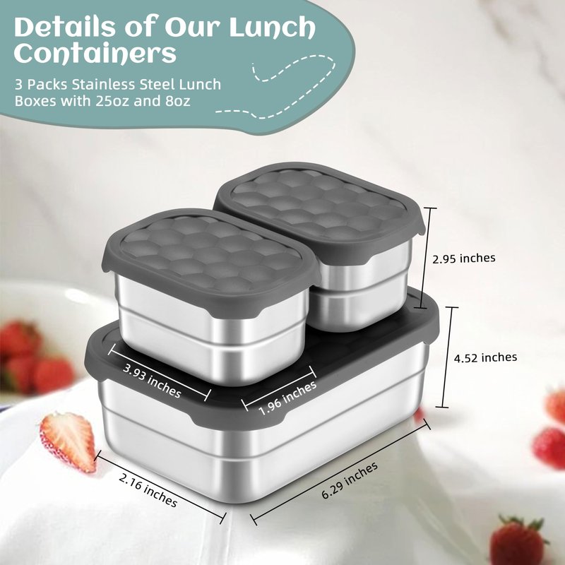 HaWare 8oz*2+25oz Stainless Steel Lunch Box for Kids, Leak Proof Lunch Containers with Silicone Lids, Easy Open Food Storage Container for School and Daycare, Portable Metal Bento Box, Dishwasher Safe