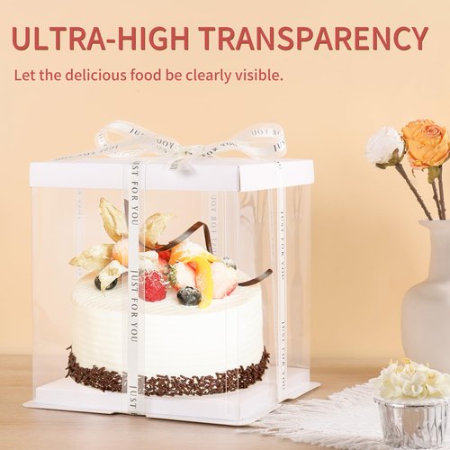 JCD 6 Pcs 2-Layer Tall Cake Packaging Boxes,8x8x9in Clear Cake Box with Ribbon,PET Cake Carrier Transport Container for Tiered Cake (White Lid, 8 * 8 * 9inch/6Pcs)