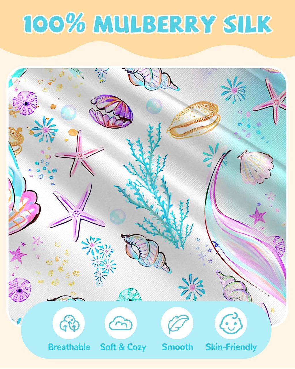 Miss Adola 1 Pack Kids Pillowcase - 30"x20" Queen Mulberry Silk Pillow Case for Hair and Skin 19 Momme Cute Cartoon Kawaii Fun Pillowcase for Teens Boys Girls, Fish Tail