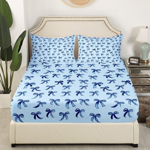 Erosebridal Bowknot Twin Size Sheet Sets 3pcs, Kawaii Simple Bows Microfiber Bed Sheets Set, Cute Cartoon Dreamy Printed Kids Teens Bed Set for Bedroom, Baby Blue Ribbon Bedroom Decor Bedding Set