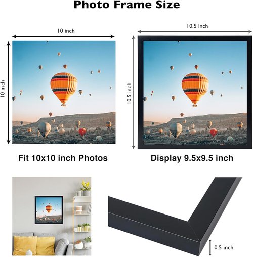 JCJMY 10x10 Black Picture Frame - Durable Wall Mount for Horizontal or Vertical Display | Shatter-Resistant Plexiglass