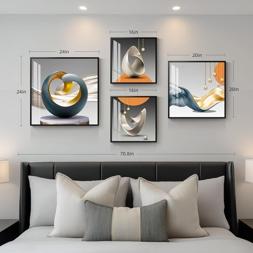 Framed Modern Wall Art Set by [Brand Name] - Abstract Geometric Prints in Orange, Gray & Gold | 4 Pieces for Living Room & Office