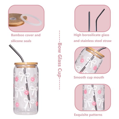 Ndahjahd Coquette Daisy Bow Glass Cup with Bamboo Lid & Straw - 16oz Aesthetic Tumbler, Leakproof Iced Coffee Cup for Women, Reusable Gift Set with Cleaning Brush(White)