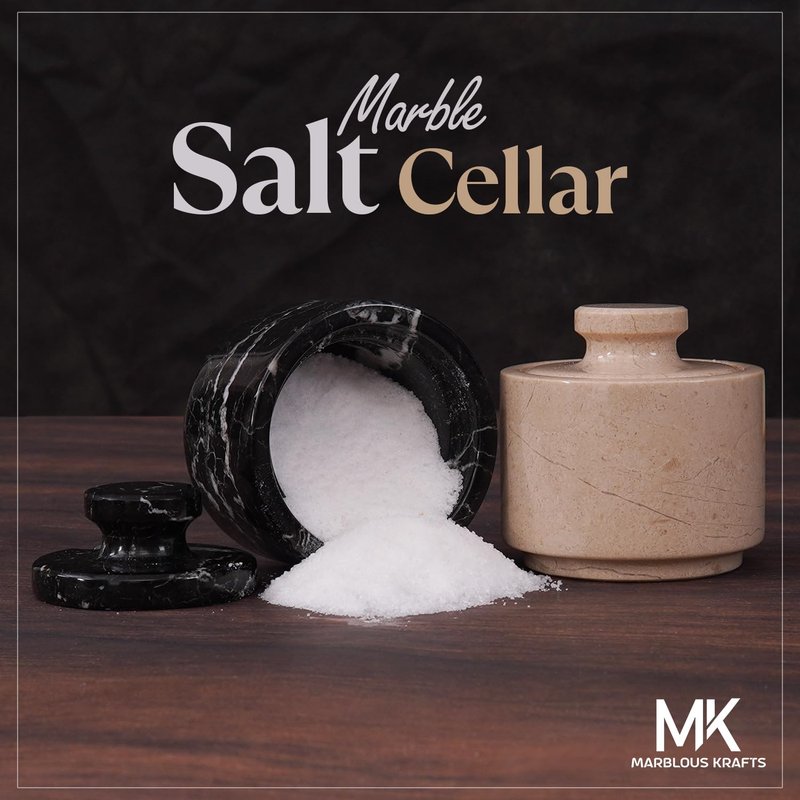 MARBLOUS KRAFTS Marble Salt Cellar with Lid 3" Inch Black & Oceanic Sugar Dispenser Home Décor Ideal Sugar & Salt Containers For Kitchen Storage