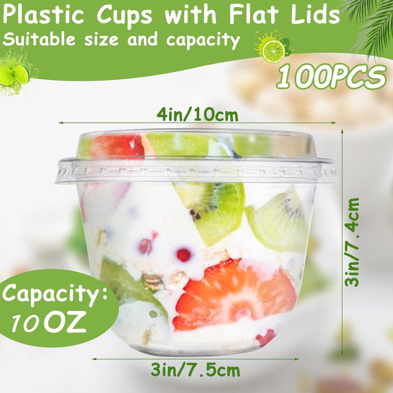 LOPYXBR 100 PCS 10 Oz Plastic Parfait Cups with Flat Lids Disposable Dessert Cups with Lids Clear Plastic Fruit Cups Snack Cups with Lid for Iced Cold Drinks,Cake, Fruit, Parfait, Pudding