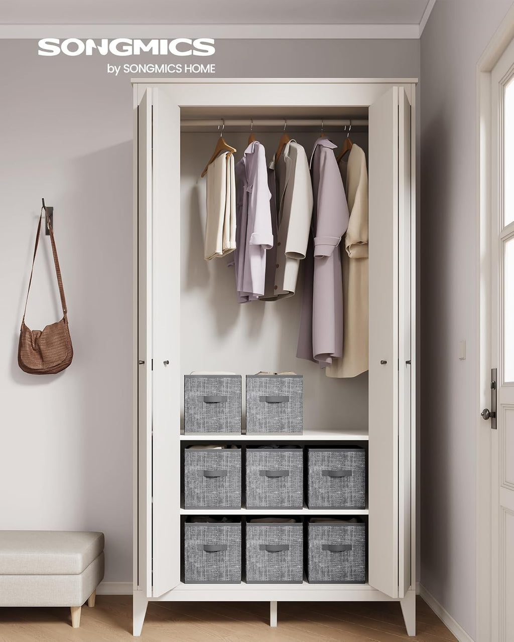 SONGMICS Storage Cubes - Foldable Non-Woven Fabric Bins with Double Handles | Set of 8, Cattail Gray, 10.2 x 10.2 x 11 Inches