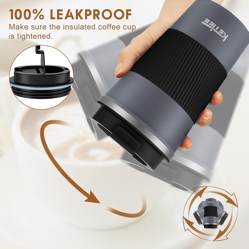 KETIEE Travel Coffee Mug - Insulated 12oz Stainless Steel Tumbler with Spill-Proof Lid | Grey
