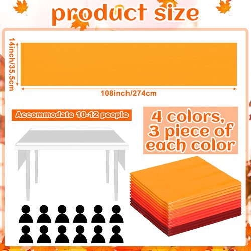 Panelee 12 Pack Fall Disposable Plastic Table Runner 14 x 108 Inch Thanksgiving Table Runner Bulk Orange Brown Red Yellow for Fall Autumn Harvest Holiday Christmas Family BBQ Birthday Party