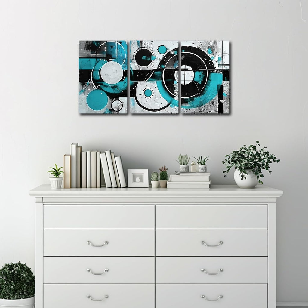 SWQYLB Teal Abstract Wall Art - Blue & Gray Canvas Print Set of 3 | Geometric Circle Design for Home Office Decor (Framed, 12" x 16")