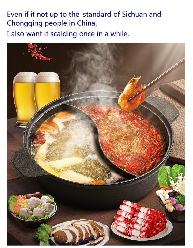 MANHANDIAO Cast iron hot pot with Divider,Dual-Sided 12.5 Inch Shabu Shabu Pot, Multi-Functional Hotpot Pot with Divider, Gas Stove, Black