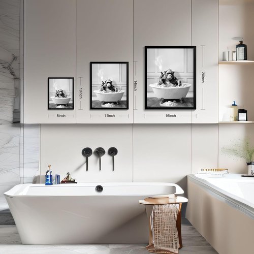 Chimpanzee in Bathtub Wall Art - Funny Framed Bathroom Decor | Black and White Animal Art (8"x10")