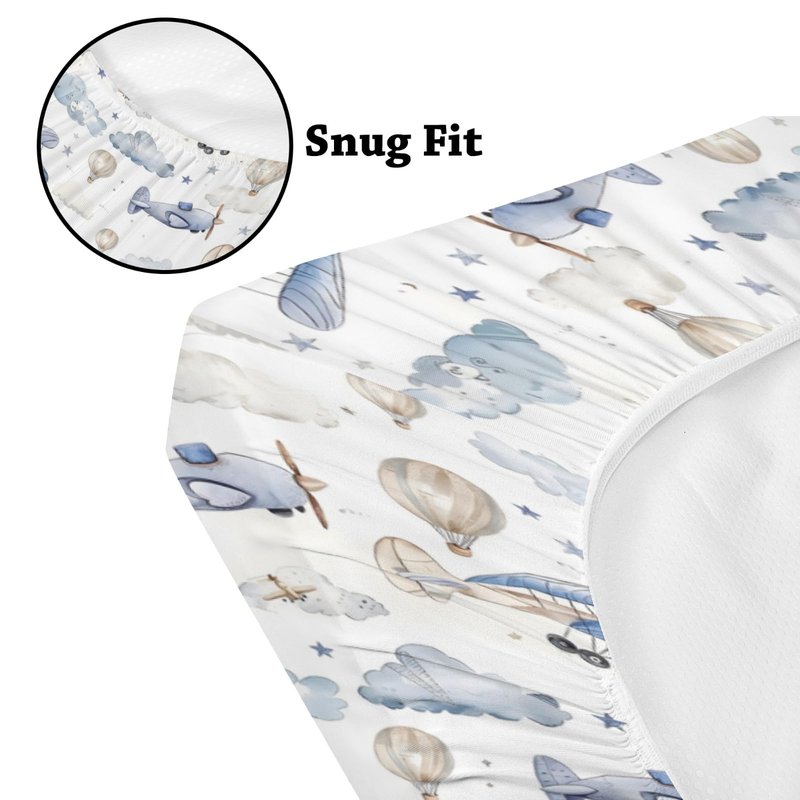 Plane Hot Air Balloons Transportation Pattern Baby Crib Sheet, Unisex Aircraft Clouds Stars Nursery Fitted Crib Bed Sheet for Boys Girls Standard Crib and Toddler Mattress-28x52
