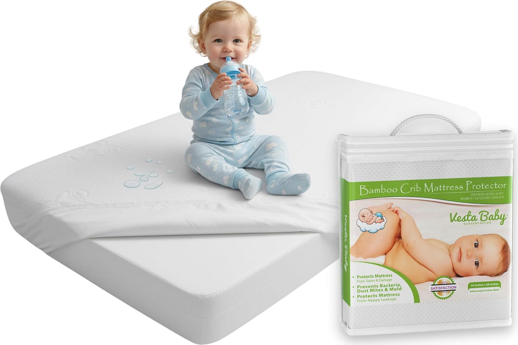 Vesta Baby Crib Mattress Protector - Noiseless Waterproof Pad Cover | Soft Jacquard Bamboo Rayon Fitted Sheet - 52” x 28”