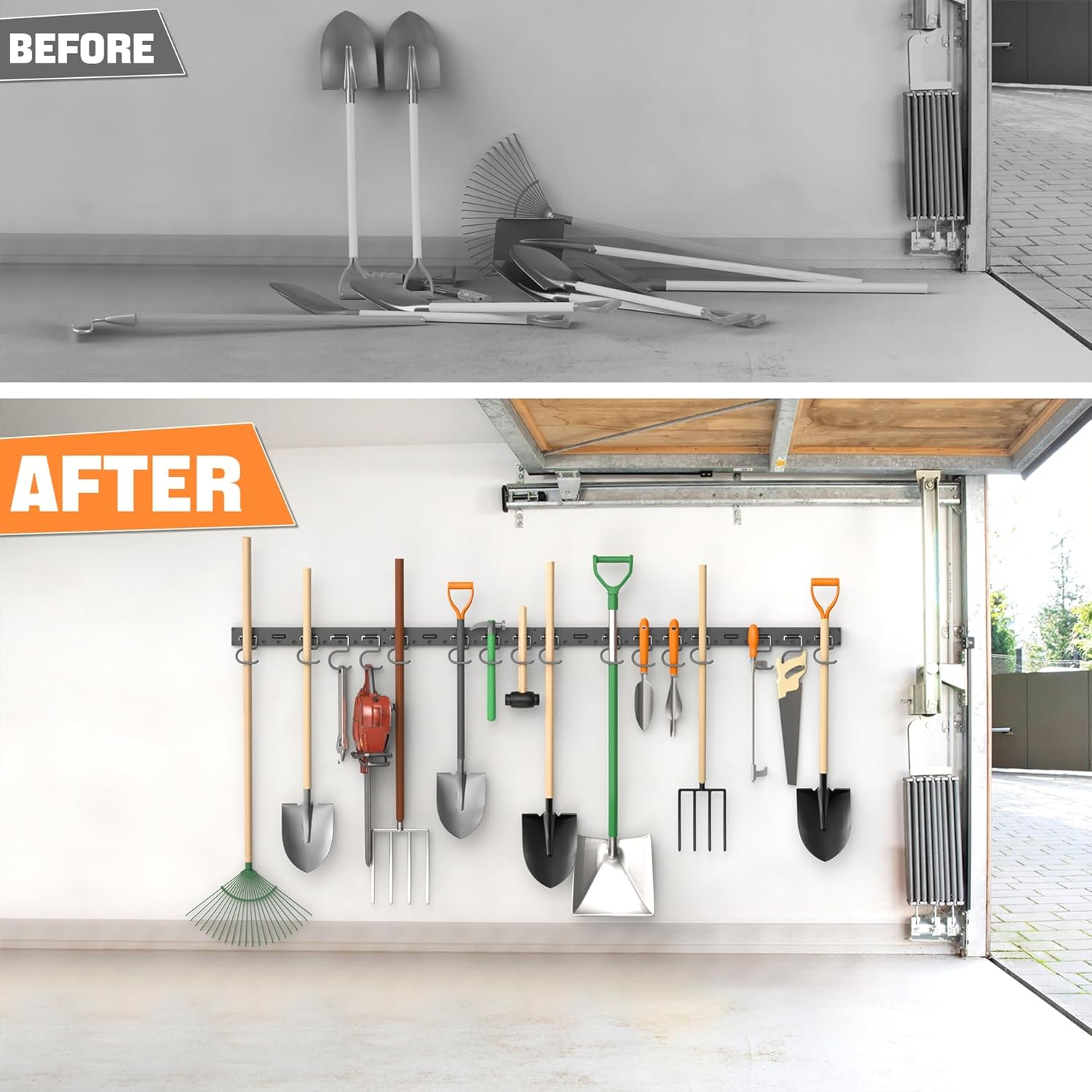 TORACK Wall Mounted Mop and Broom Holder - Garden Tool Organizer with 4 Tracks & 16 Hooks