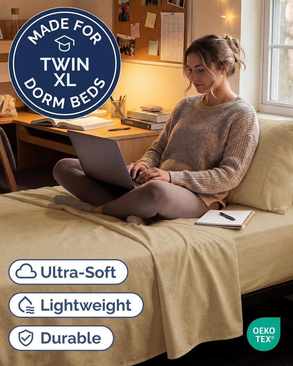 Skiennix Twin XL Sheet Set - Comfy Cooling 3-Piece Bedding - Soft, Wrinkle-Free Tan Color with Deep Pockets