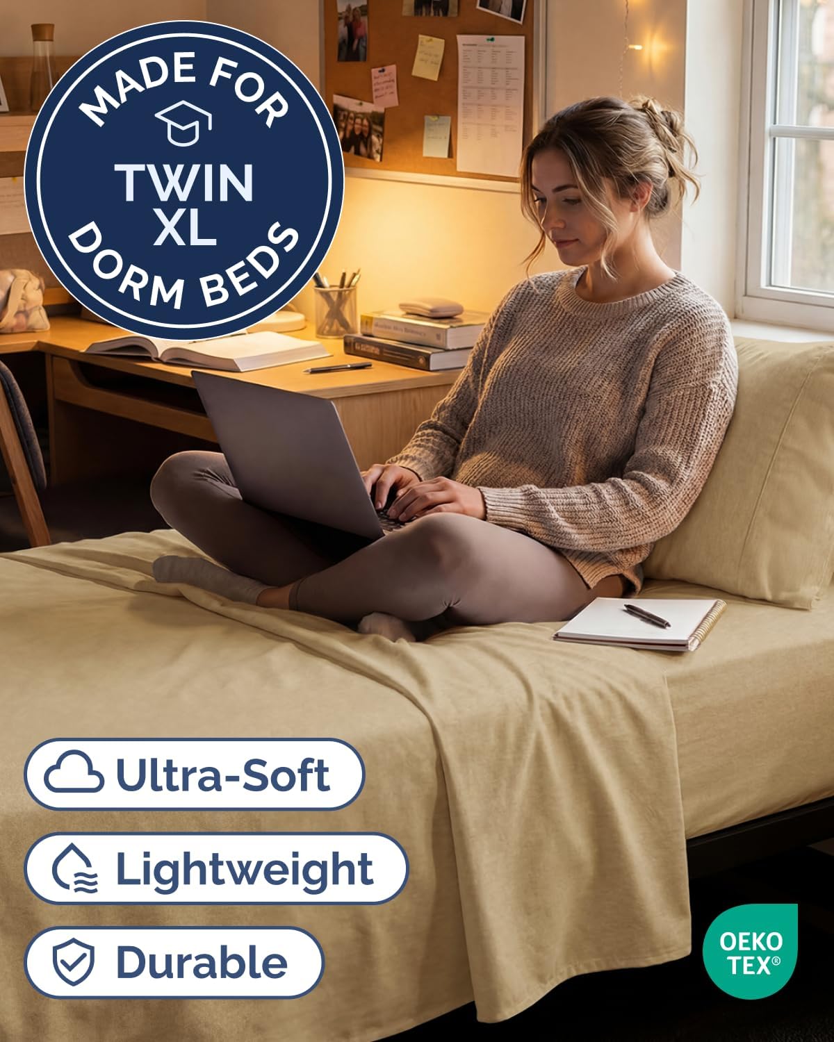 Skiennix Twin XL Sheet Set - Comfy Cooling 3-Piece Bedding - Soft, Wrinkle-Free Tan Color with Deep Pockets