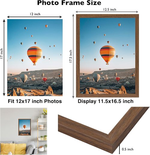 JCJMY 12x17 Picture Frame - Brown Wall Hanging Frame with Shatter Resistant Plexiglass | Horizontal & Vertical Display