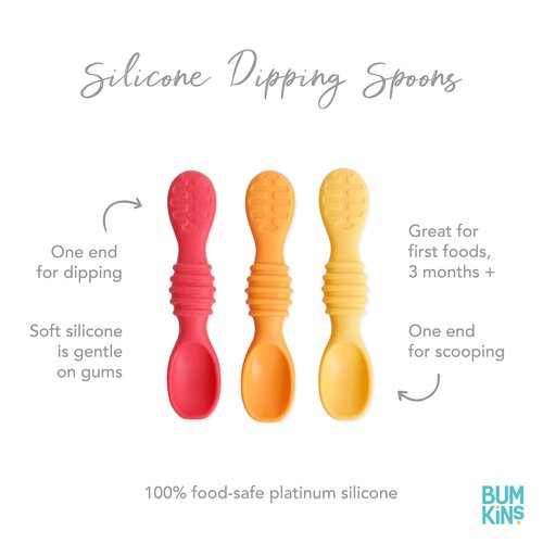 Bumkins Baby Utensil Set - Soft Silicone Trainer Spoons for Self-Feeding | 3-Pack in Red & Yellow