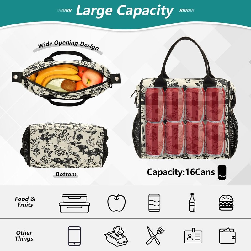 Goth Bat Pattern Lunch Bag & Lunch Box for Women with Adjustable Shoulder Belt Insulated Portable Lunch Tote Bag Cooler Bag for Girls Travel Office Picnic