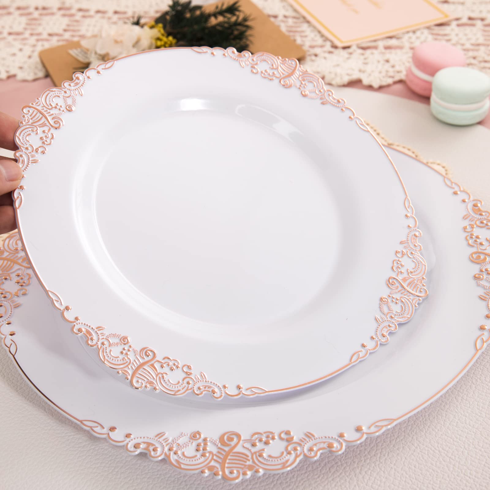 Morejoy 100pcs Plastic Plates - Disposable - 7.5 inch White and Rose Gold Dessert Plates for Weddings & Parties & Shower