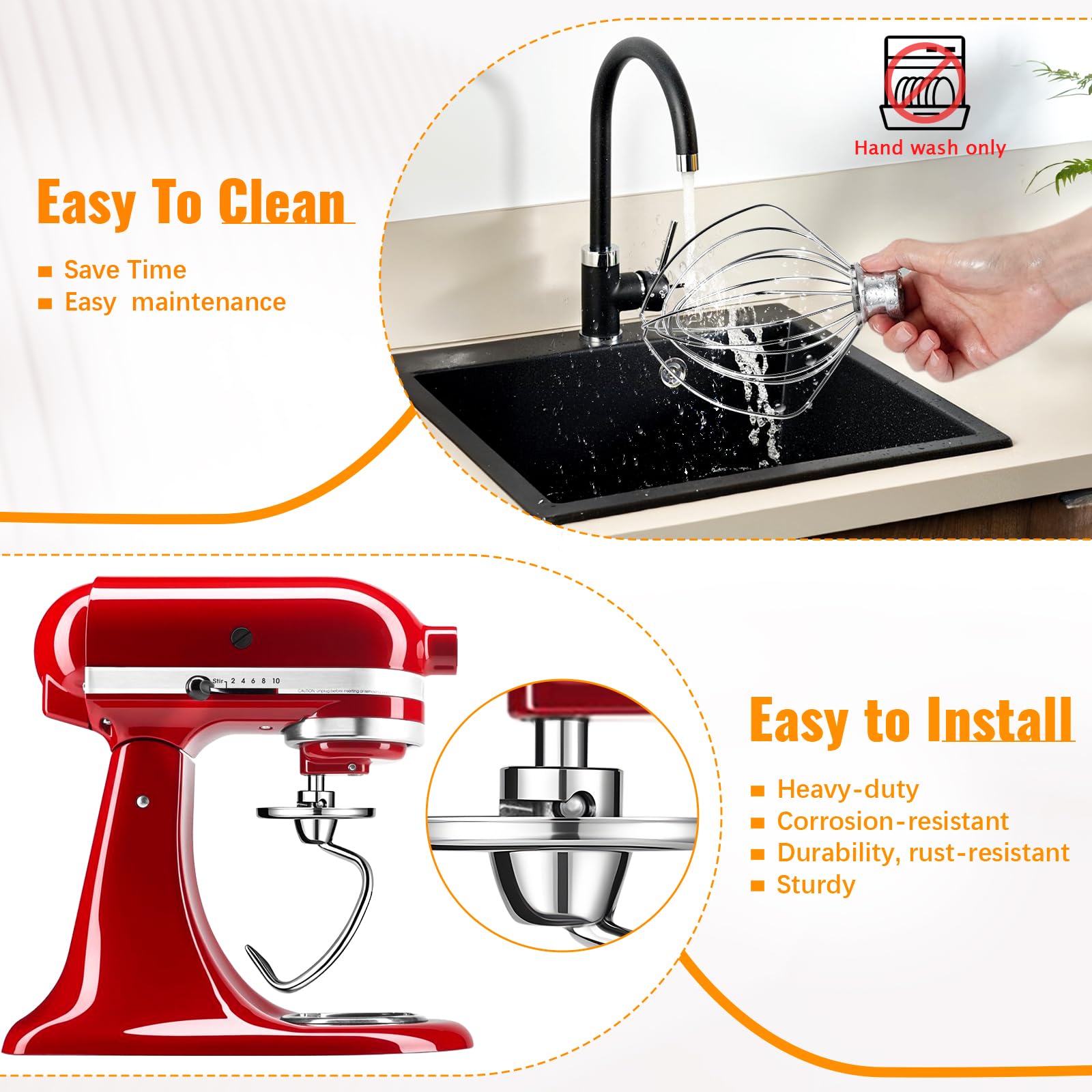 Kitchen Mixers Accessories for KitchenAid Stand Mixers, Stainless Steel Kitchen Mixer Attachment Includes K45WW Wire Whip, K45DH Dough Hook and K45B Flat Beater