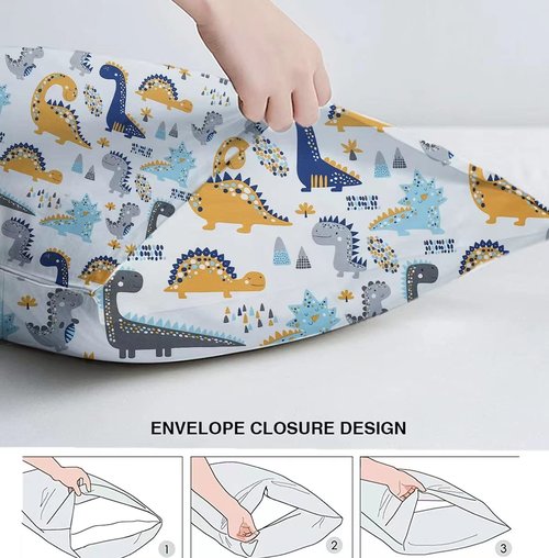 Kid Toddler Pillowcase, 2 Packs Organic Cotton Pillow Cover for Girl, 14x20 Pillowslip Case for Sleeping Fits Pillows Sized 13x18 or 14x19, Envelope Closure Travel Pillowcase (Dinosaur, Car