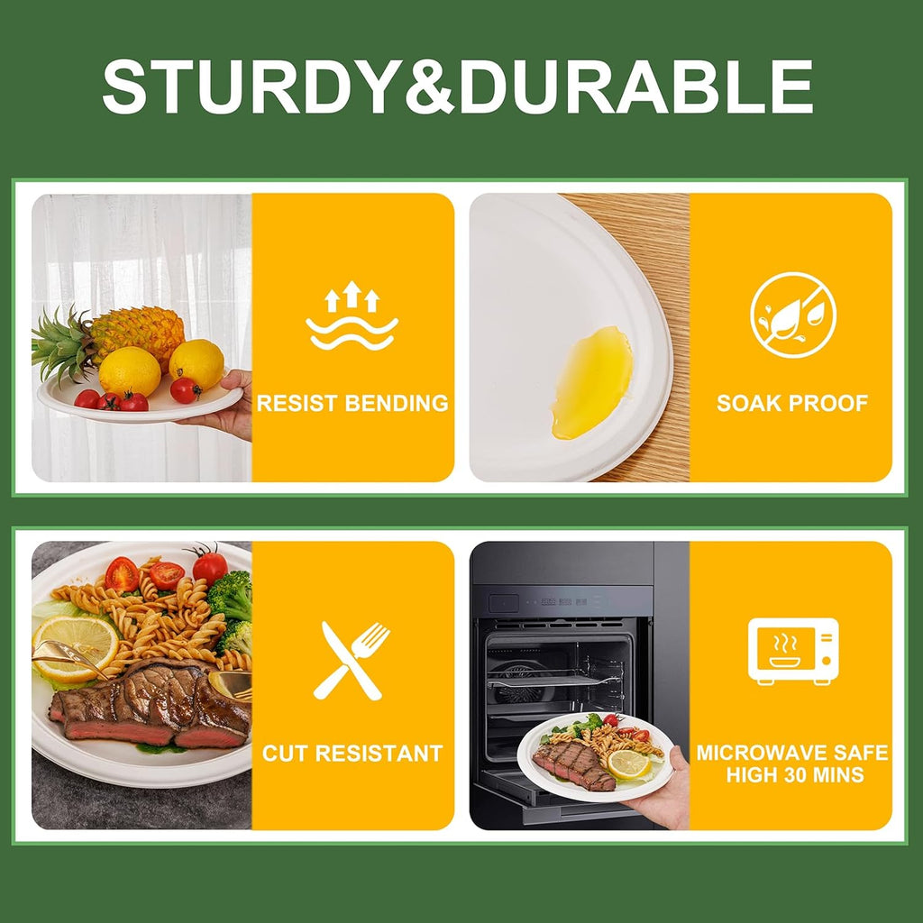 WELLIFE 10-Inch Compostable Paper Plates - 125-Pack Heavy Duty, Eco-Friendly & Microwaveable | BPI Certified