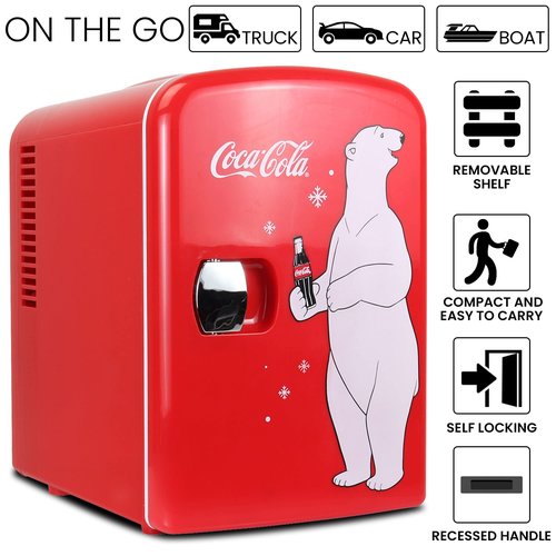 Coca-Cola 12V Portable 4L Cooler/Warmer, AC/DC Powered, Power Cords Included, Compact Travel Speaker and Personal Mini-Fridge, Unique Gift for Music-Lovers
