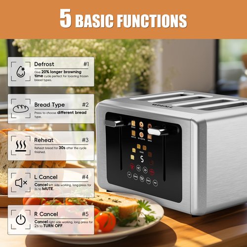 Whall 4-Slice Smart Toaster with Touchscreen & Extra-Wide Slots, Dual Independent Control, 6 Browning Levels & 6 Bread Types, Memory Function,Countdown Timer, Ideal Kitchen Gift,Silver