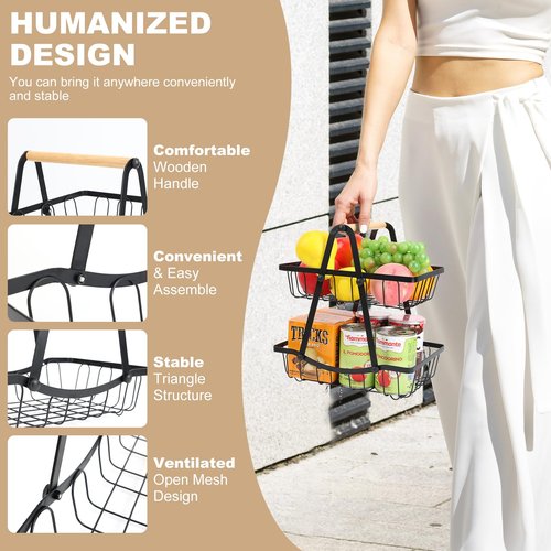 2 Tier Fruit Basket, Detachable Metal Fruit Bowl Holder Vegetable Basket Stand with Wood Handle for Kitchen Counter, Large Capacity Fruit Storage Stand Organizer for Produce Bread Snack, Black