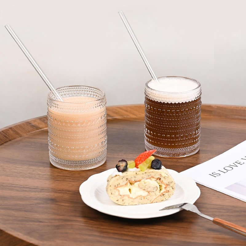 WANYISHUN Set of 4 Hobnail Drinking Glasses,15.2 Oz Romantic Water Glasses, Clear Embossed Design Vintage Glassware, Cocktail Glasses, Beaded Drinking Glasses for Water, Beer, Juice(15oz+4")