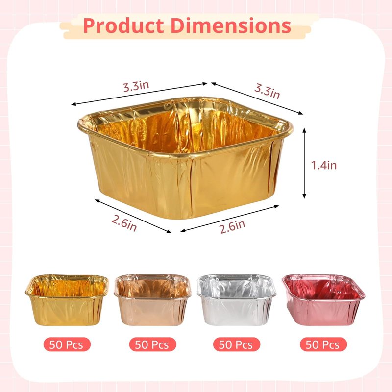 200 Pcs Aluminum Foil Cupcake Liners, Square Disposable Brownie Baking Cups, Mini Dessert Cups, Muffin Cheesecake Pans, Muffin Tin Ramekins Holders for Wedding, Party