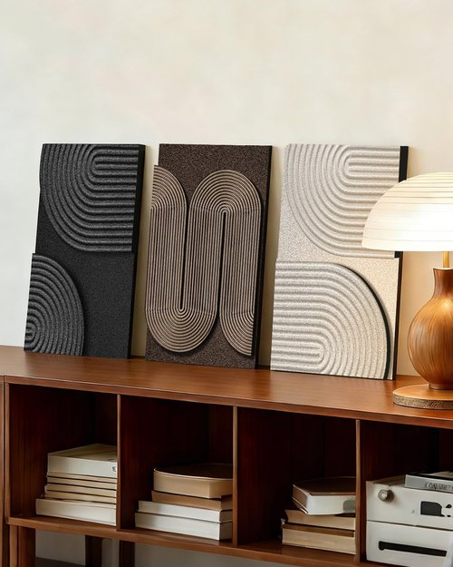 Azartslr 3D Abstract Textured Wall Art - Modern Black & Beige Sandstone Decor for Living Room | 3-Piece Minimalist Artwork Set
