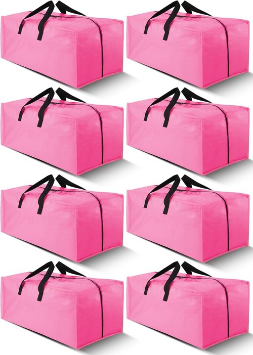 Cosy Family Extra Large Moving Bags - 8 Pack with Backpack Straps, Strong Handles & Zippers (40 Gal, Pink)