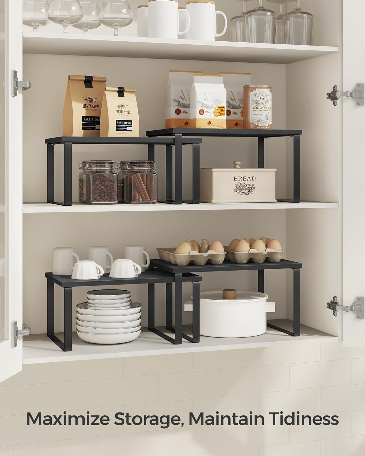 SONGMICS Kitchen Organizer Shelf Set - Stackable & Expandable Spice Rack - Metal & Engineered Wood - Ink Black & Ebony Black