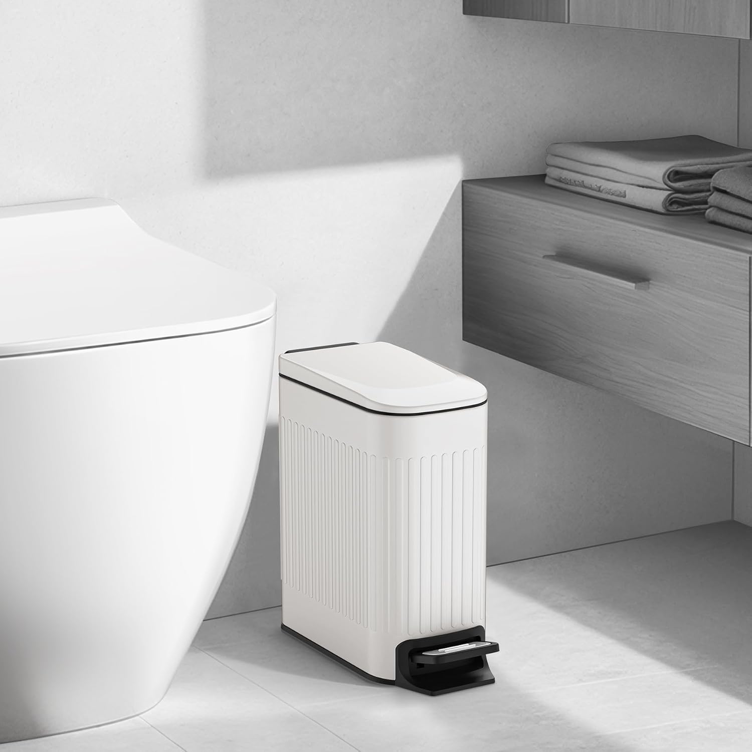 TIPGO Slim Bathroom Trash Can - Soft Close Lid & Step Pedal - 6 Liter Stainless Steel Bin (White)