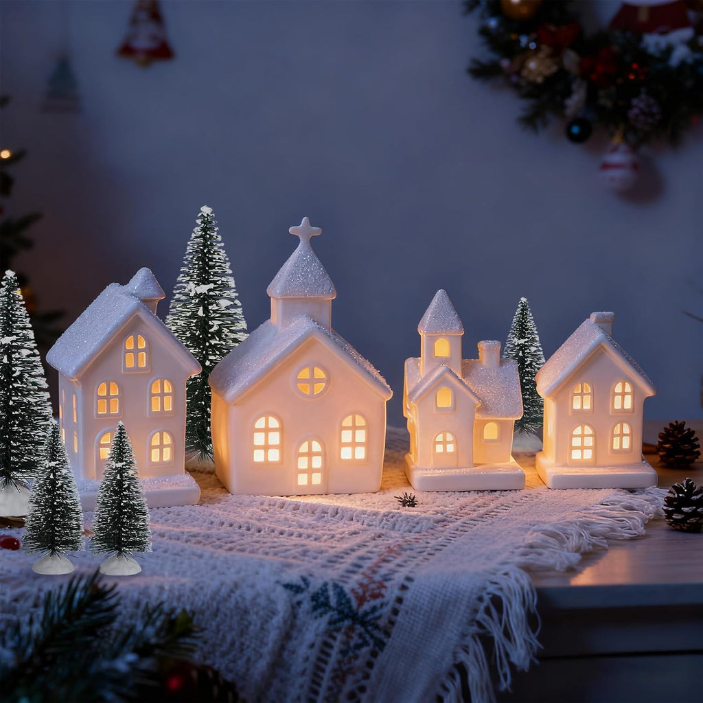 Skiennix Light Up Christmas Village Set - 4 Ceramic Houses & 5 Xmas Trees | Winter White Porcelain Decor