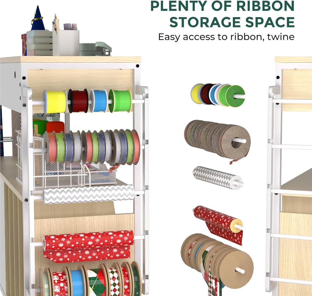 Skiennix Wrapping Paper Organizer - Craft Cart with Ribbon & Gift Bag Storage | Oak Finish, 3 Drawers