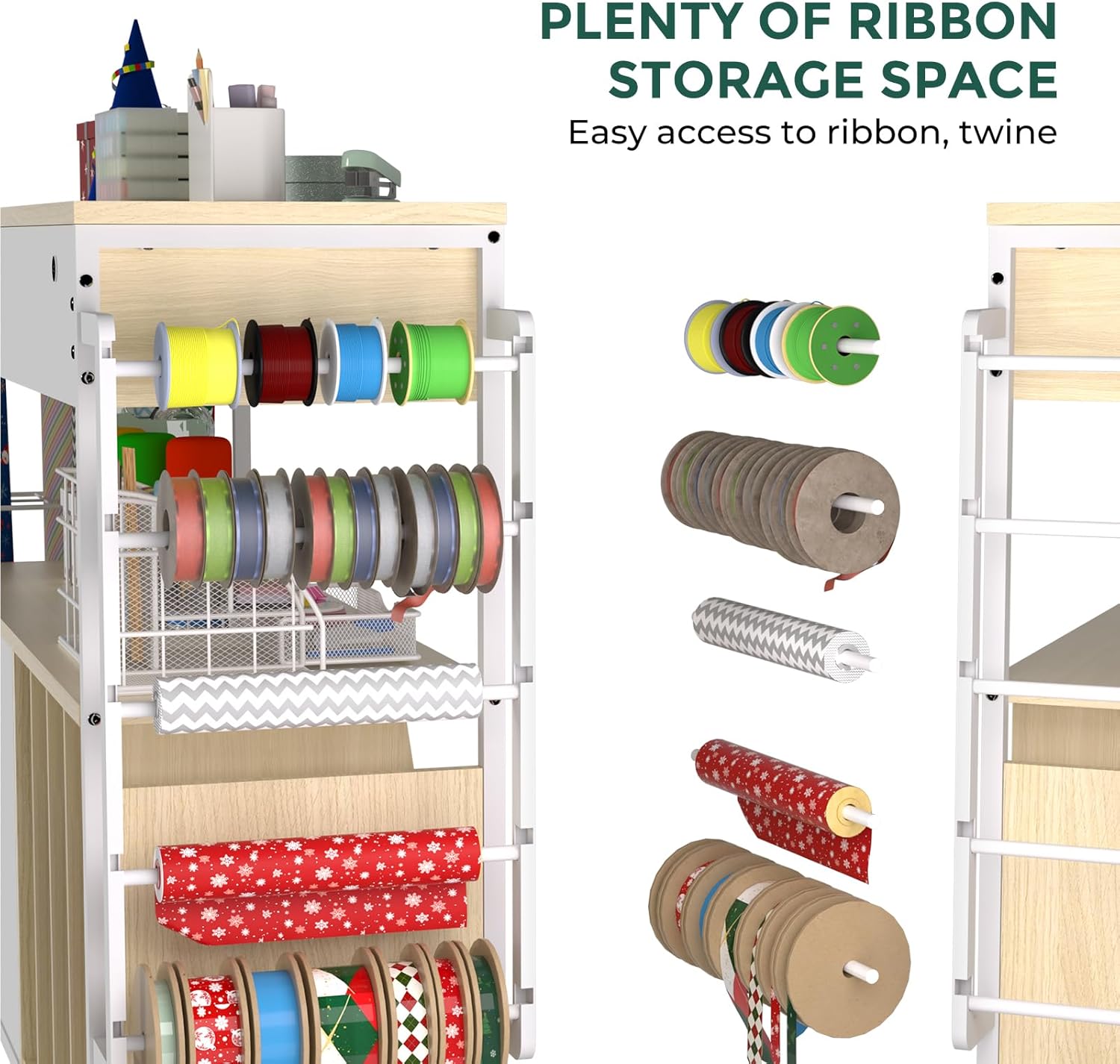 Skiennix Wrapping Paper Organizer - Craft Cart with Ribbon & Gift Bag Storage | Oak Finish, 3 Drawers