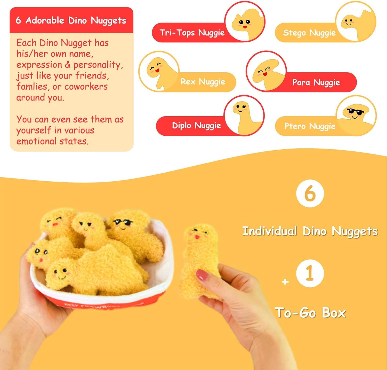 Positive Emotional Support Dino Nuggets Plush Toy - 6 Cute Stuffed Nuggets in Soft To-Go Box | Inspirational Gift for Teens & Friends