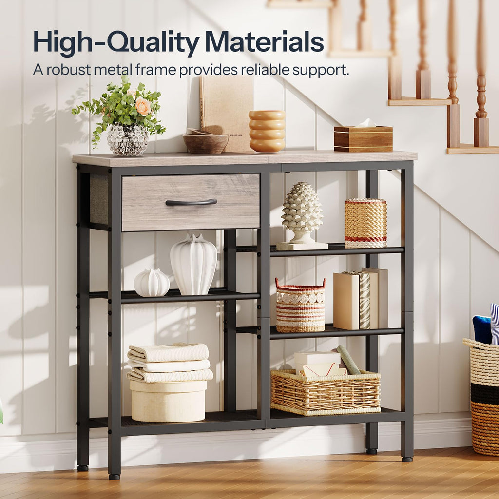 HOOBRO 29.5'' Narrow Console Sofa Table, Entryway Table with Drawer and 5-Tier Storage Shelves, Display Shelf, for Living Room, Bedroom, Hallway, Foyer, Greige and Black BG70XG01
