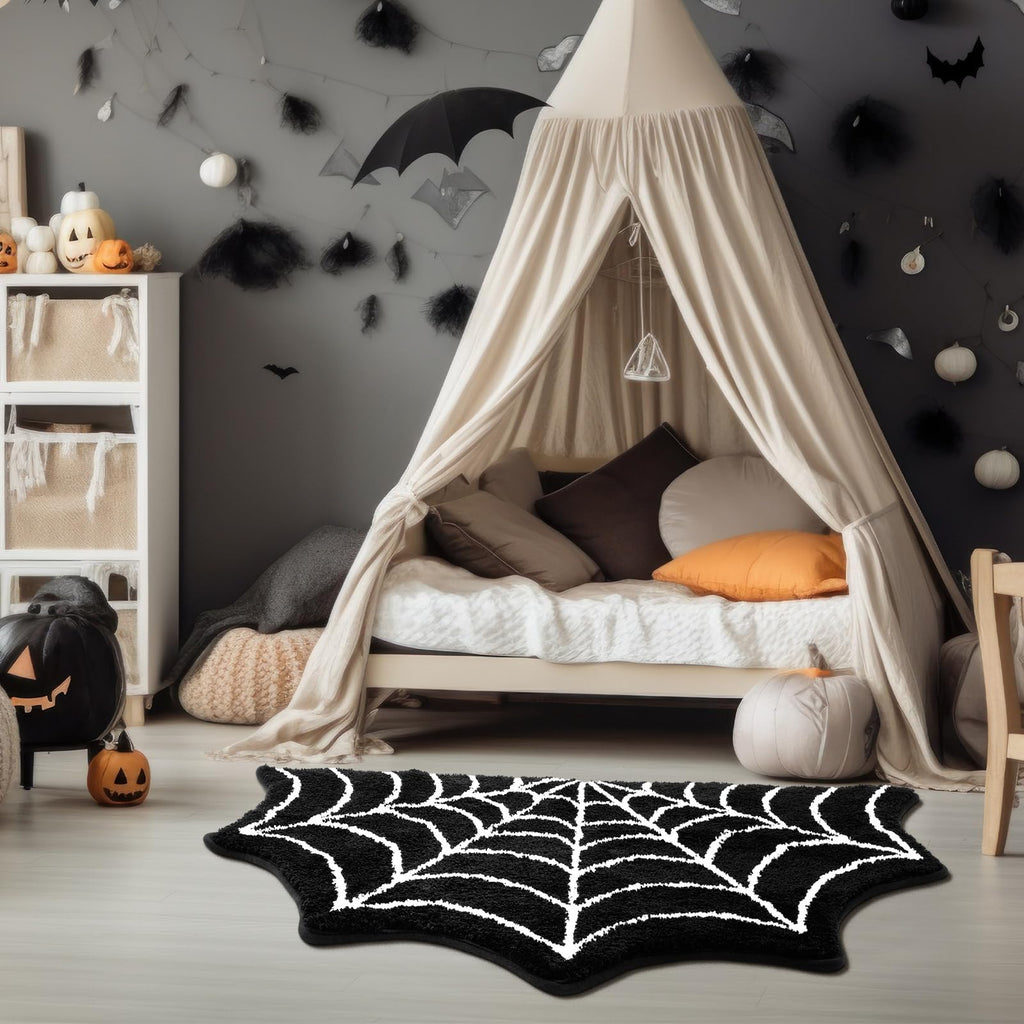 HunnmingRe 48 x 30 Inch Spider Web Rug Halloween Bathroom Decor Large Black Gothic Bath Mat Halloween Doormat Non Slip Area Carpet Goth Rug for Front Door, Living Room, Bedroom