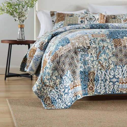 ENASAL Cotton Bedspread Quilt Bedding Sets Reversible Coverlet Comforters Blue Bohemian Rustic Floral Patchwork Pattern Bedspread for All Season,Queen Size