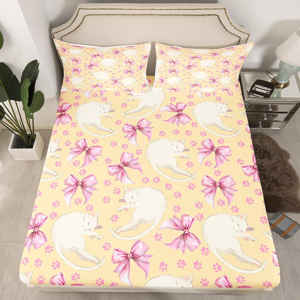 Feelyou Girl Pink Bowknot Twin Size Fitted Sheet Cute Cat Kitten Bedding Set for Kids Boys Dreamy Ribbon Bow Bed Sheet Set All Season Home Decor,2Pcs