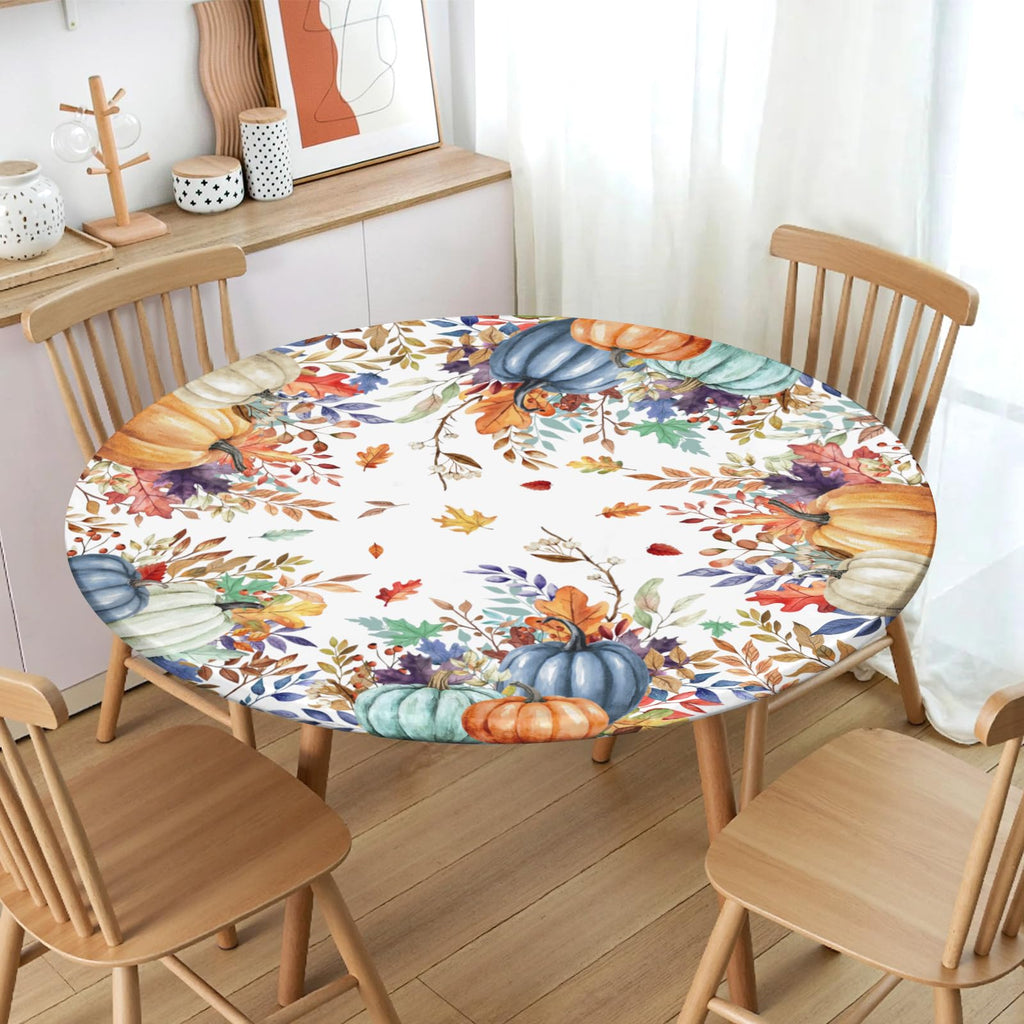 Fall Round Fitted Tablecloth with Elastic Edge,Water-Resistant Picnic Autumn Blue Orange Leaf Pumpkin Table Cover for 40-44" Found Tables Harvest Thanksgiving Table Cloth for Dinner,Outdoor,Patio