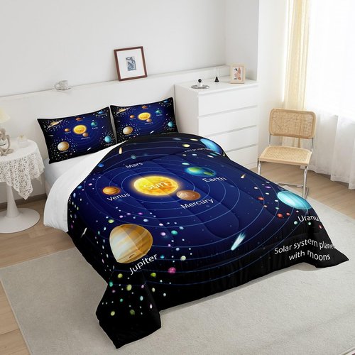 Erosebridal Kids Outer Space Comforter Set, Boys Starry Sky Galaxy Duvet Sets Full Size Planet Space Down Comforter for Girls Teens Adult Bedroom Decor, Solar System Cosmos Bedding Set, Blue Purple
