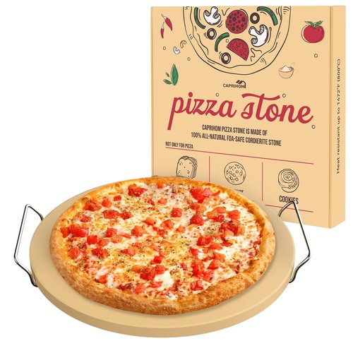 Caprihom Round Pizza Stone for Grill 16 inch with Handles - Heavy Duty Cordierite Pizza Stone for Oven -Thermal Shock Resistant Baking Stone, Includes Metal Rack & Scraper
